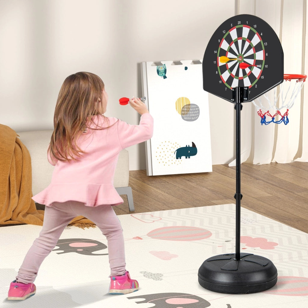 Set di canestro 2-in-1 con pannello doppio e 6 freccette, Canestro da basket per bambini regolabile in altezza-Ricreazione outdoor