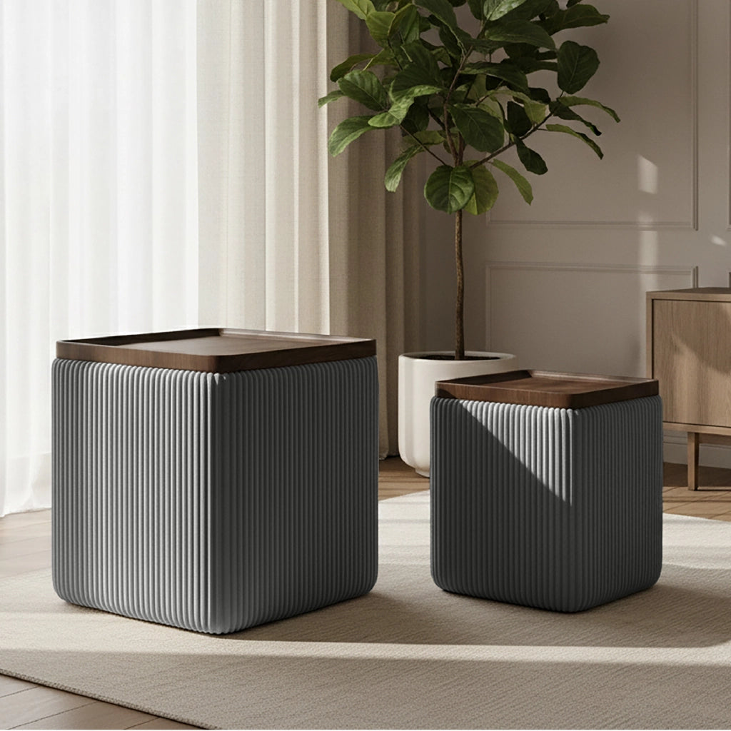 Set 2 Pouf Contenitore Quadrati in Velluto con Coperchio in Legno, Tavolino da Salotto Moderno, Pouf Contenitore Salvaspazio, Seduta Imbottita, Pouf Poggiapiedi Grigio Scuro