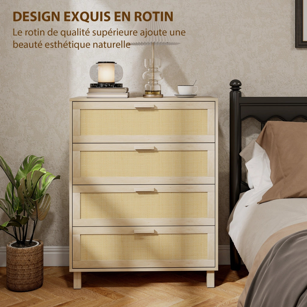Cassettiera 4 cassetti in rattan ¨C Minimal ¨C MDF effetto legno chiaro 80x40x103 cm