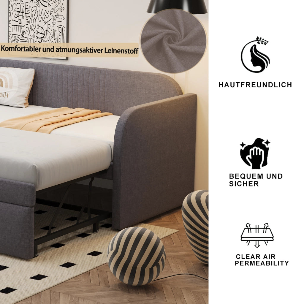Letto a divano estraibile in lino grigio 90x190 cm