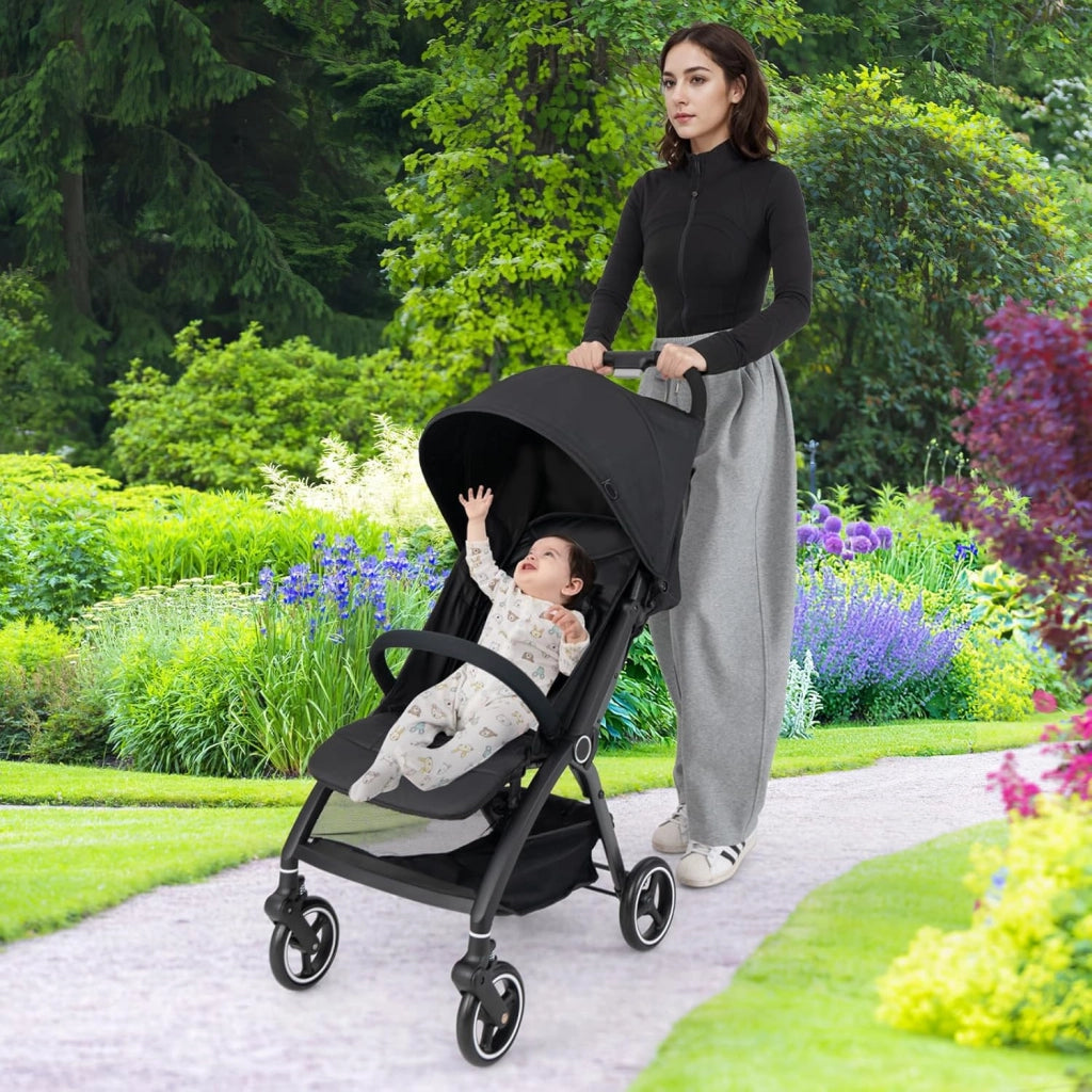 Passeggino Leggero per Bambini, Passeggino Pieghevole con Schienale Regolabile, Tettuccio, Cintura di Sicurezza a 5 Punti, Cestello Portaoggetti, per Bambini 0-36 Mesi (Nero)