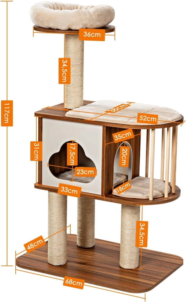 Tiragraffi per Gatti Adulti Con Cuccia, Piattaforma, Cuscini e Albero Alto in Legno, 68 x 48 x 117 cm