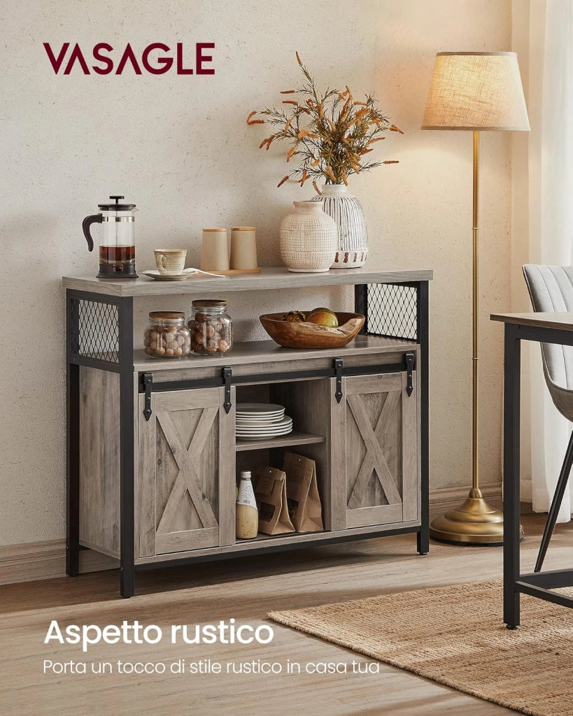 VASAGLE Credenza, Mobile da Cucina, Armadietto Organizzatore, con 2 Ante Scorrevoli, 33 x 100 x 80 cm, Ripiani Regolabili, Stile Country, per Soggiorno, Greige Melange e Nero Inchiostro LSC092B02