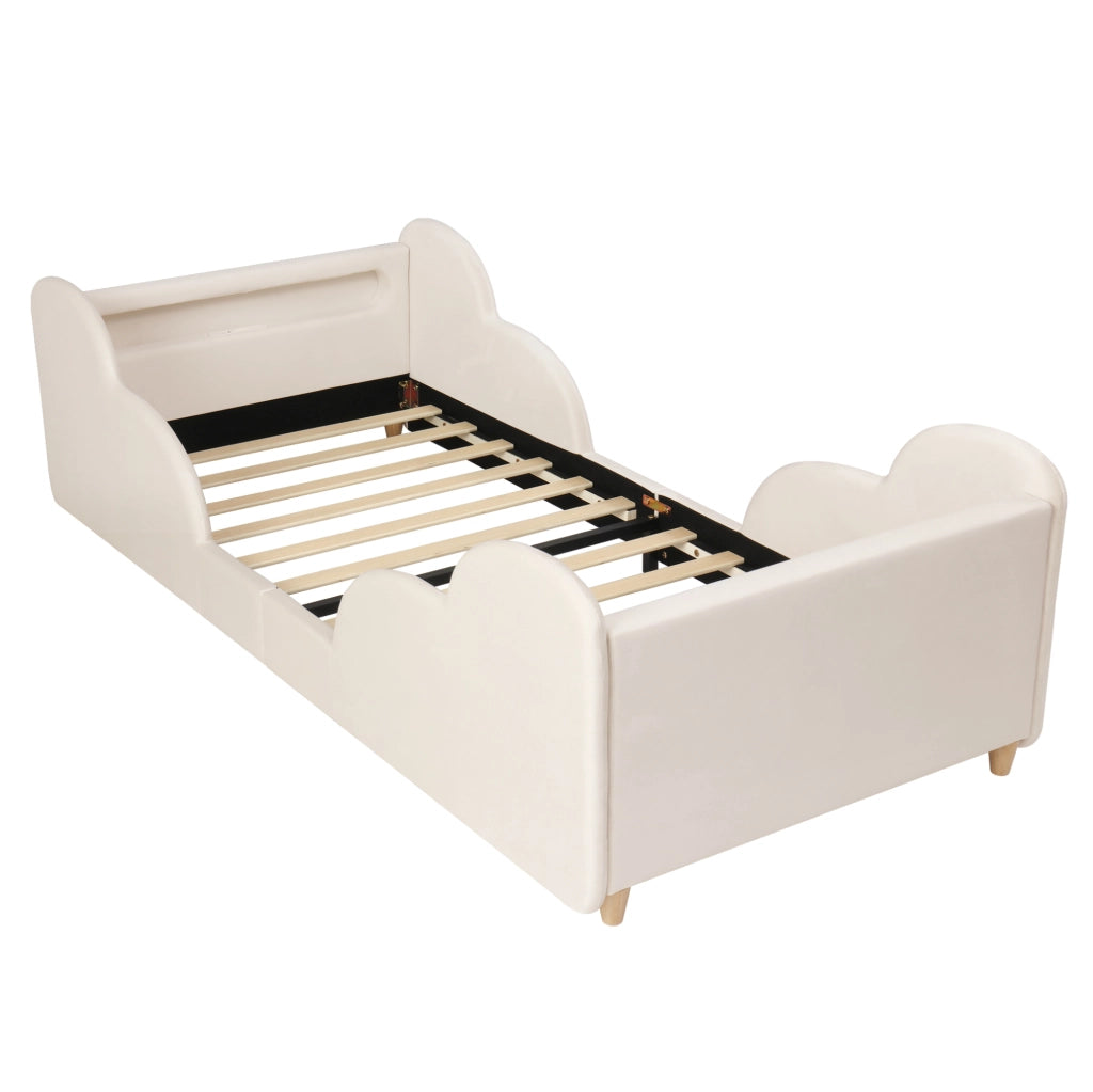 Letto per bambini 90x200 cm con sponde imbottite; luce notturna; USB C; velluto beige