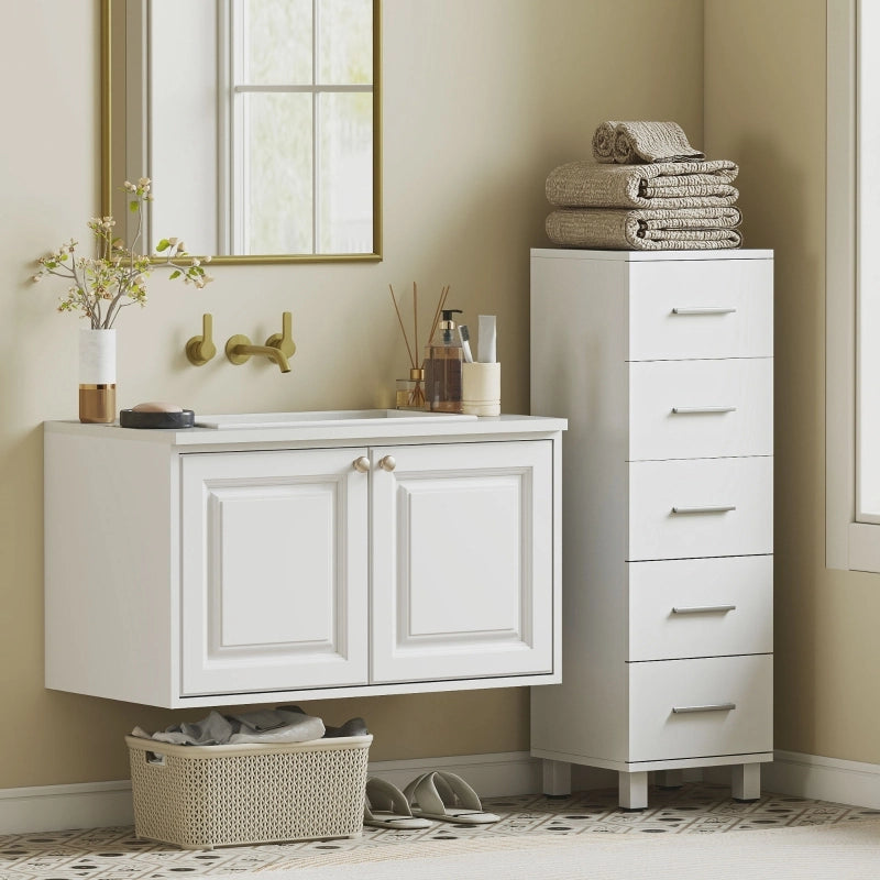Mobiletto da bagno, mobiletto stretto con 5 cassetti, per bagno, 30 x 30 x 95 cm, bianco