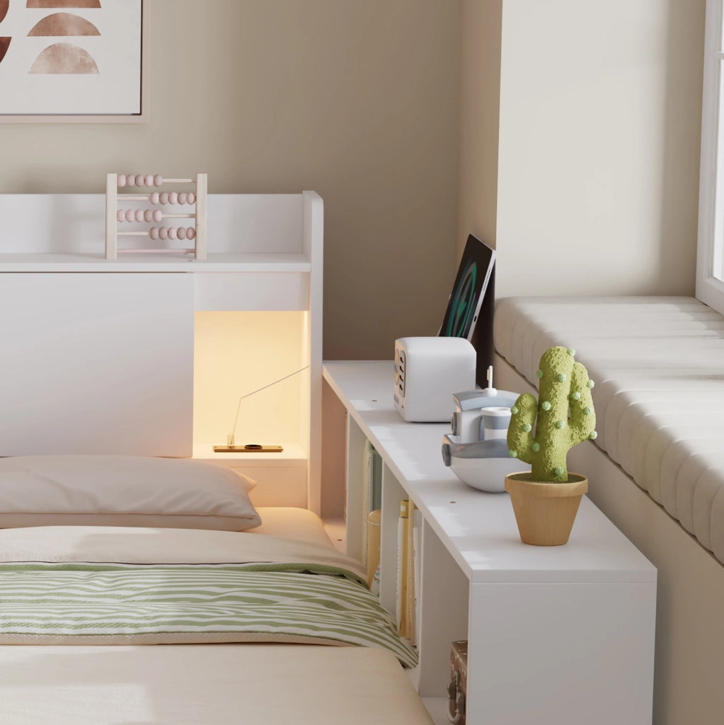 Letto matrimoniale 140x200 cm con contenitori laterali, cassetti, luci e presa di ricarica