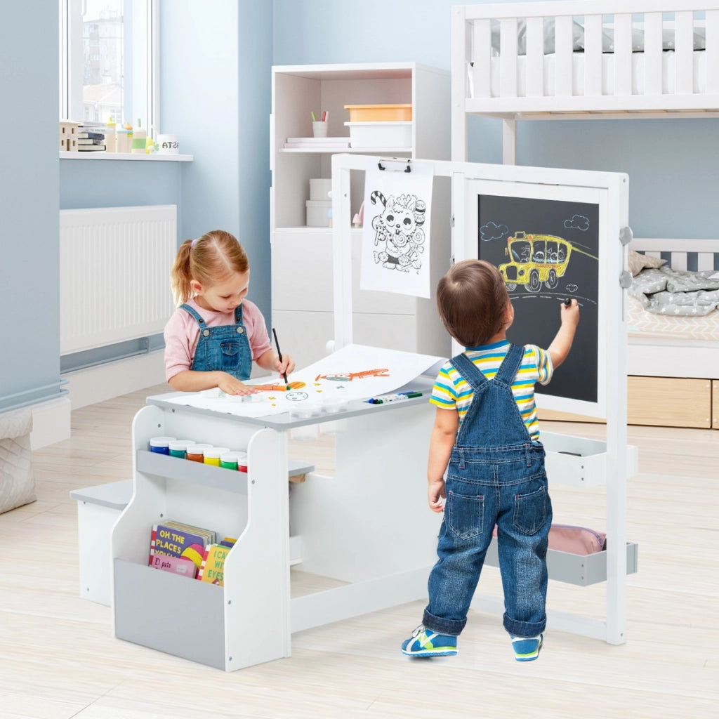 Set tavolo e panca per bambini con cavalletto regolabile a doppia faccia, Centro artistico in legno 114x81x100cm Grigio chiaro-Tavoli e sedie