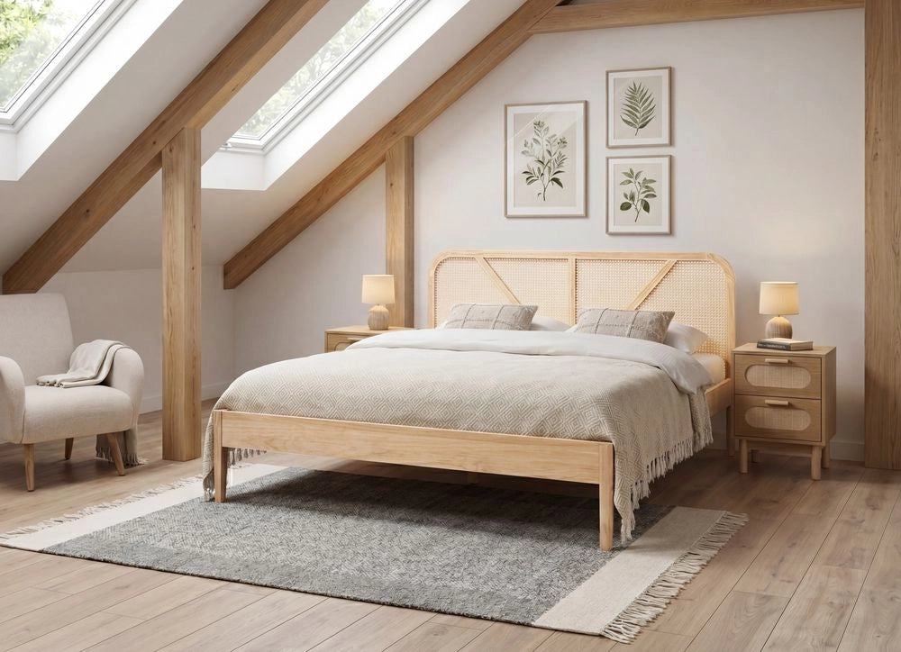 Letto matrimoniale con struttura in legno di pino e testiera in rattan marrone chiaro 160x200 cm in stile retrò