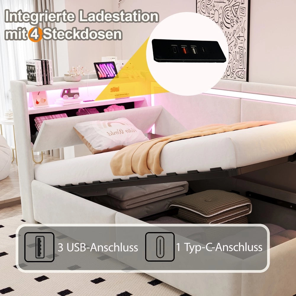 Letto Imbottito Contenitore con LED ¨C Xylo ¨C Velluto Beige 90x200