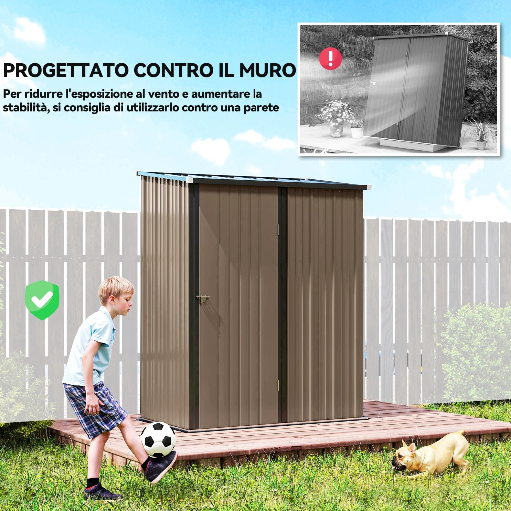 Casetta da Giardino in Acciaio Porta Attrezzi con Catenaccio, 161.5x94.5x196cm, Marrone