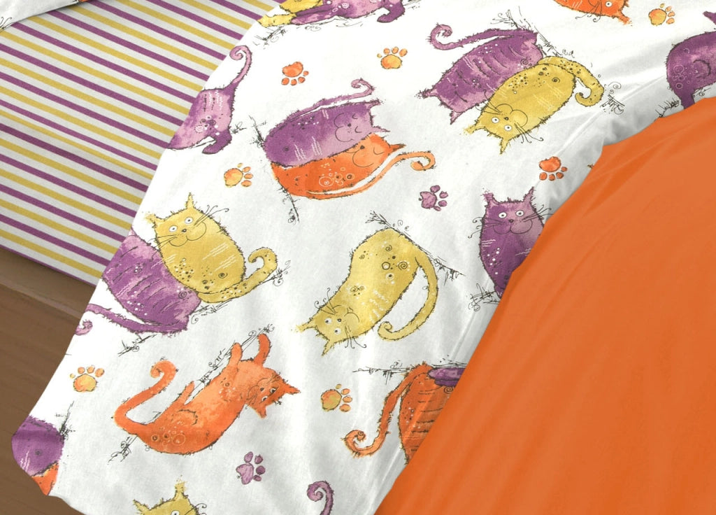 Completo Lenzuola Letto 100% Cotone Disegno Gatti Animali Micio Colorato Mod RP Made In Italy - 2 Piazze - Arancio