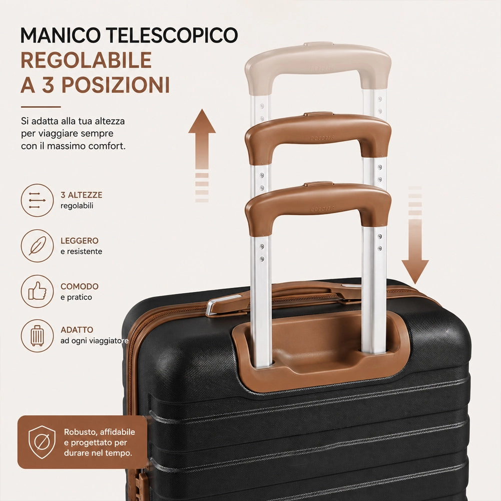 Set 6 Pezzi Valigie Rigide Family in ABS Beauty Case Nero e Marrone 55/66/75cm