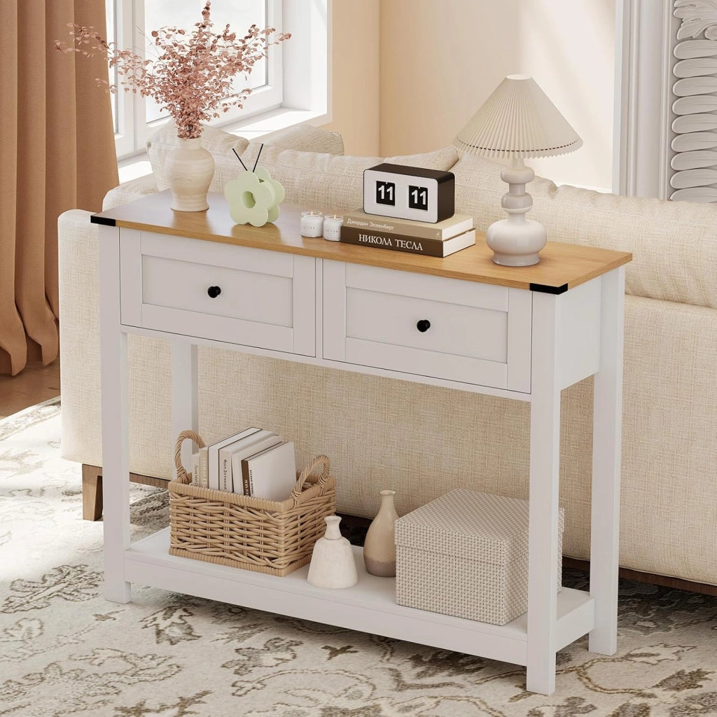 Tavolo Consolle Bianco 106 x 30 x 81,5 cm, Consolle Ingresso con 2 Cassetti e Ripiano Aperto, Tavolino Slim Salvaspazio Moderno per Soggiorno, Corridoio e Camera da Letto