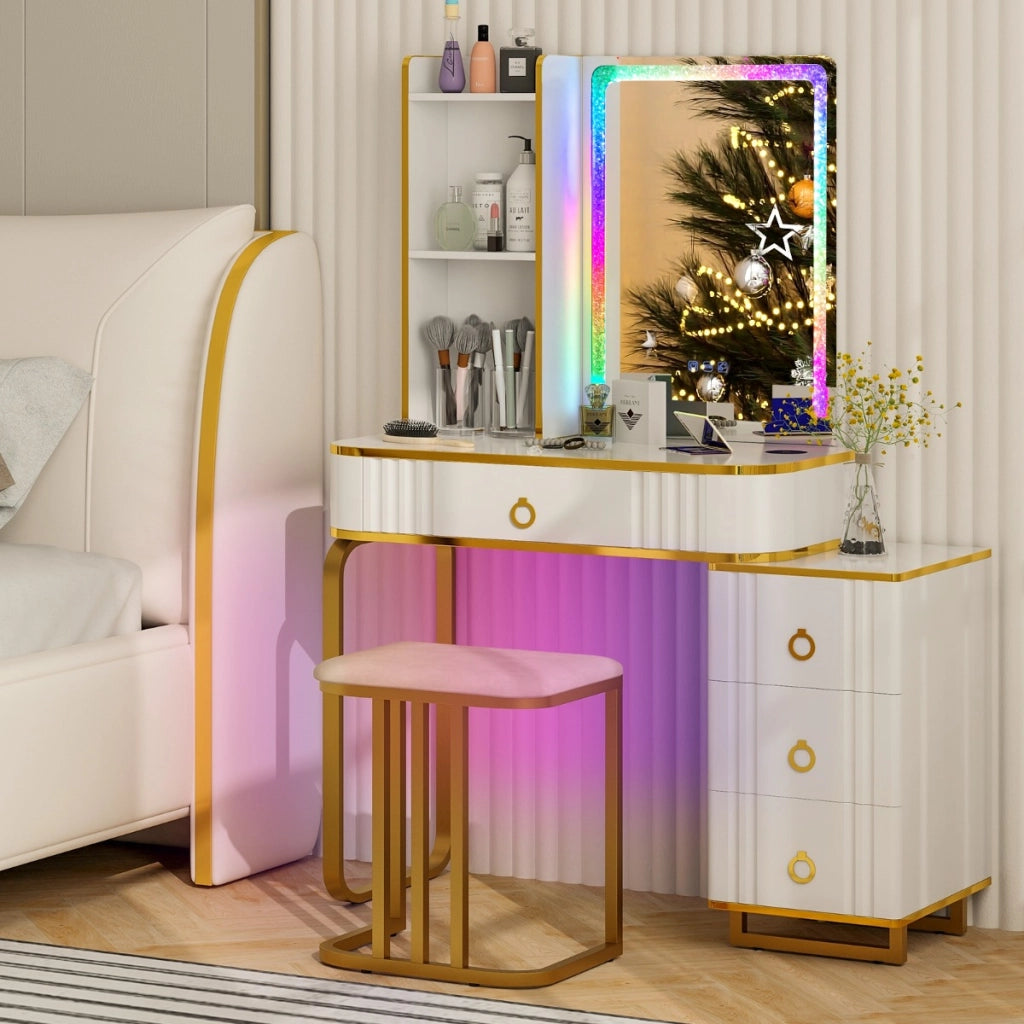 Toeletta da trucco RGB con specchio 7 luci LED dinamiche porte USB type-c e 4 cassetti, Tavolo da trucco Bianco-Tavoli da trucco