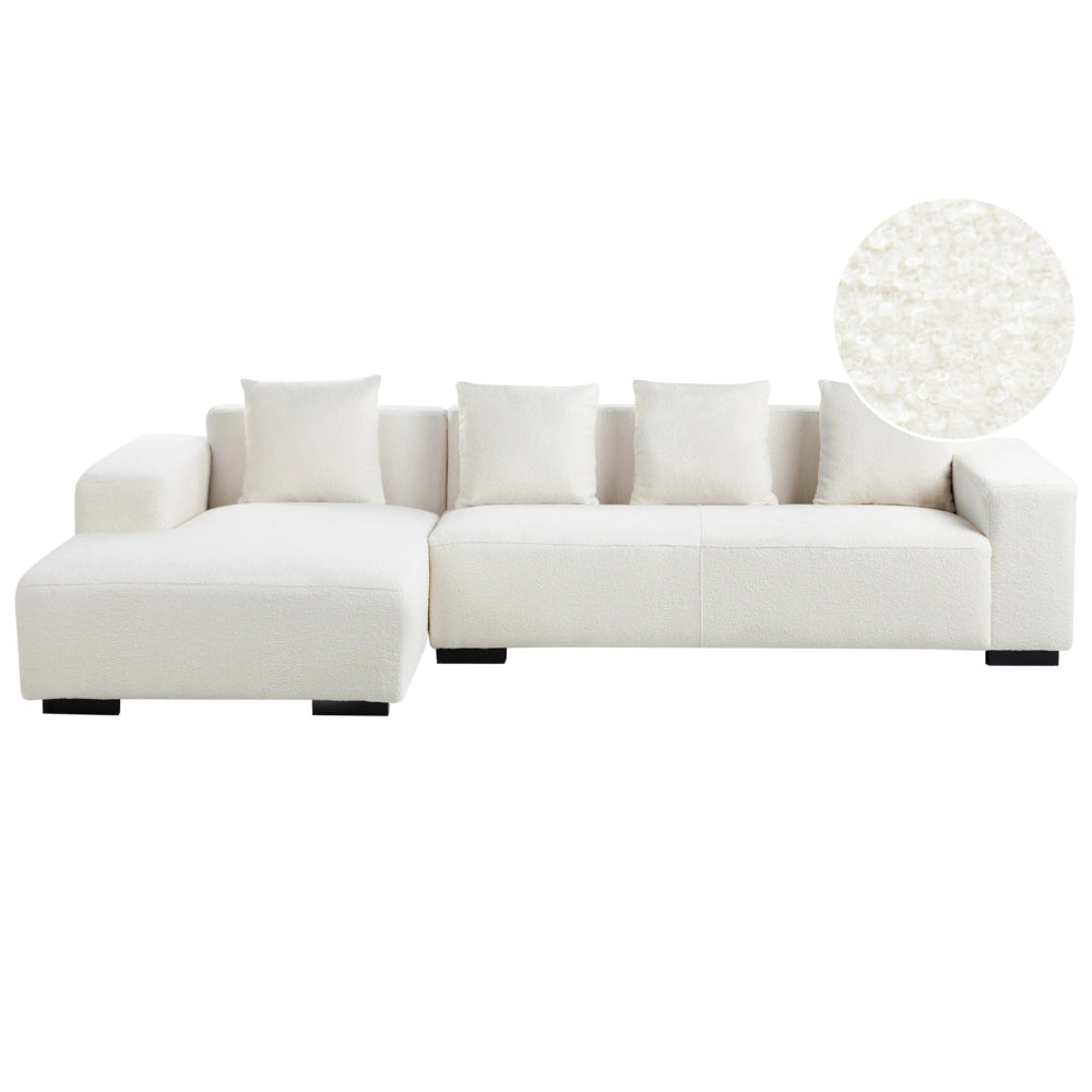Divano angolare 4 posti in tessuto bouclè bianco lato destro forma a L stile elegante