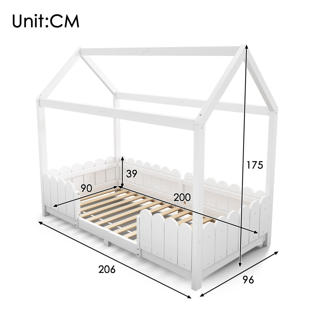 Letto a casa 90x200 cm bianco in legno massello con protezione anticasco e rete a doghe