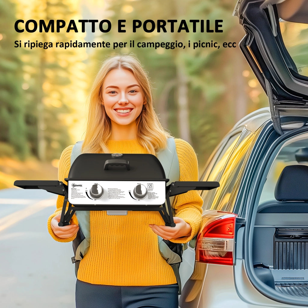 Barbecue a Gas Portatile con 2 Bruciatori e Coperchio con Termometro, Nero