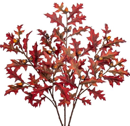 3 Steli di foglie artificiali di quercia marrone scuro per decorazione di interni e fiori.