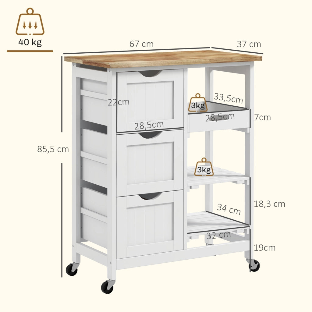 Carrello Portautensili da Cucina con 3 Cassetti e 2 Ripiani ¨C zephmum ¨C 67x37x85,5 cm Bianco