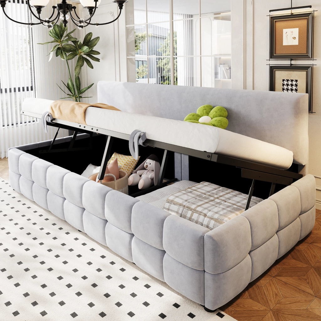 Letto imbottito con vano contenitore idraulico velluto grigio chiaro 90x200 cm