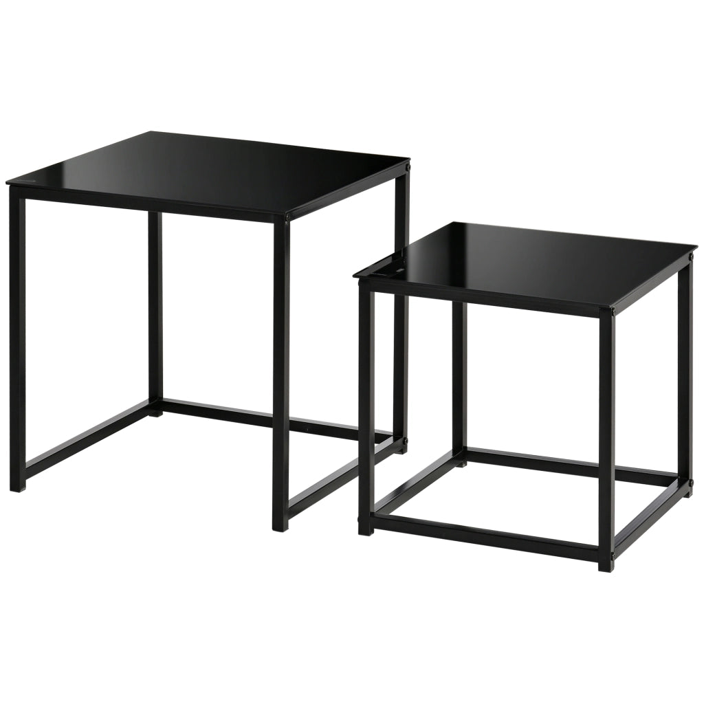 Set 2 Tavolini da Salotto Quadrati Moderni, in Acciaio e Vetro Temperato, Nero