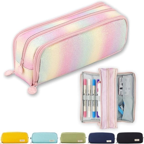Pen case, etui per ragazze adolescenti, etui con 3 compartimenti, grande capacità per scuola e ufficio
