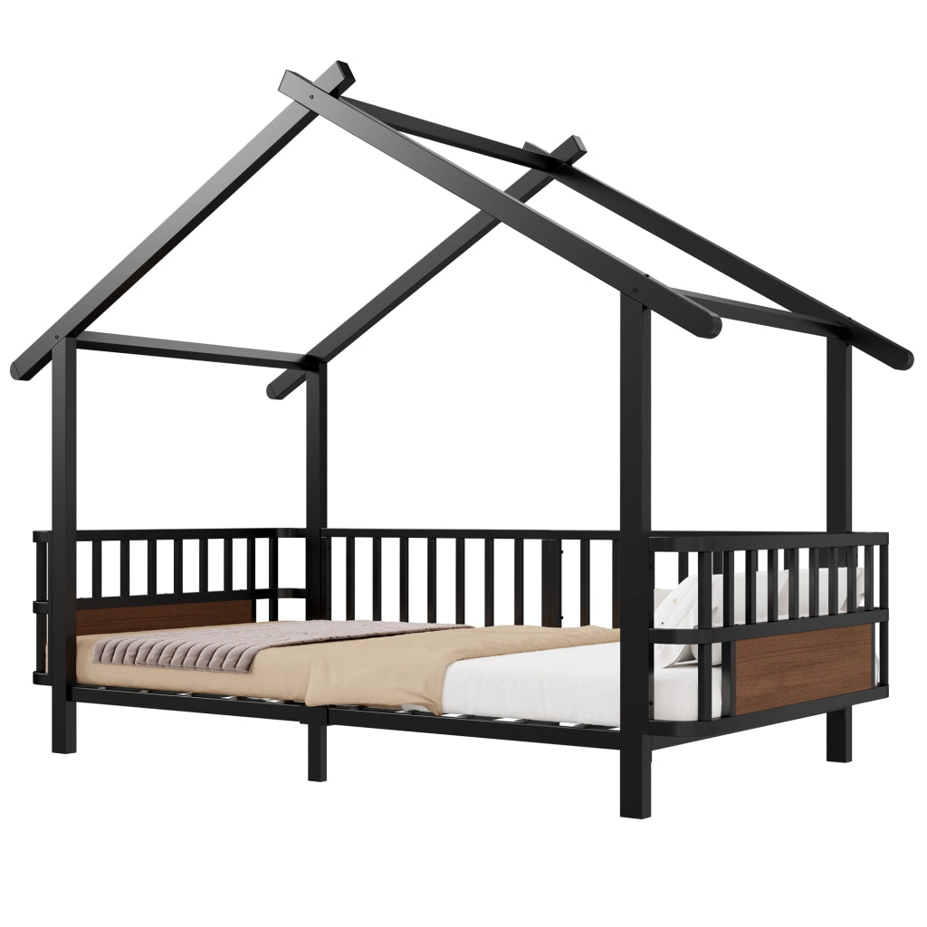 Letto per bambini in metallo a forma di casetta 90x200 cm, con sponde di sicurezza, nero