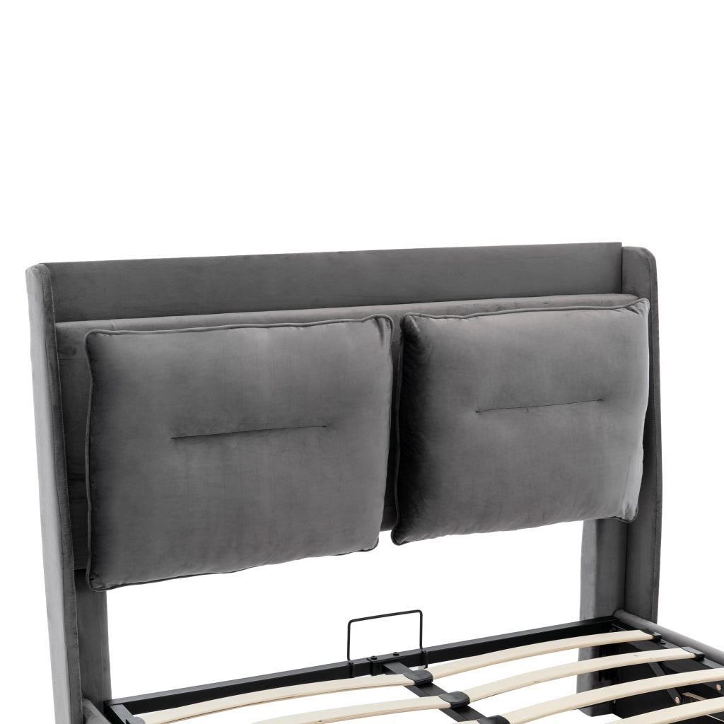Letti contenitori 140x190 cm; sollevamento idraulico e luci LED; velluto; grigio scuro (Senza materasso)