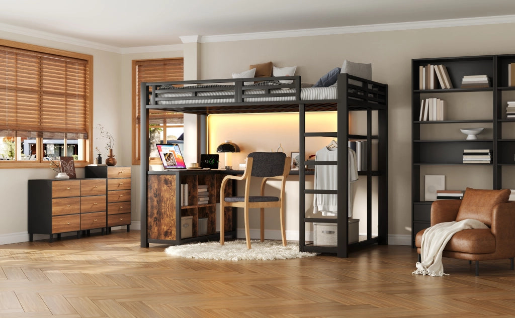 DESMIU Lit a soppalco 140 × 200 cm 2 posti con scrivania, LED e vani contenitori, senza materasso, nero