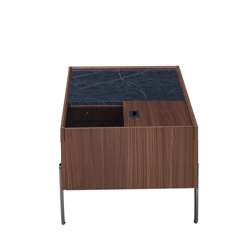 Tavolino da Caff¨¨ con Cassetti e Piano in Vetro ¨C Xylo ¨C Legno Scuro, Effetto Marmo, Gambe in Metallo
