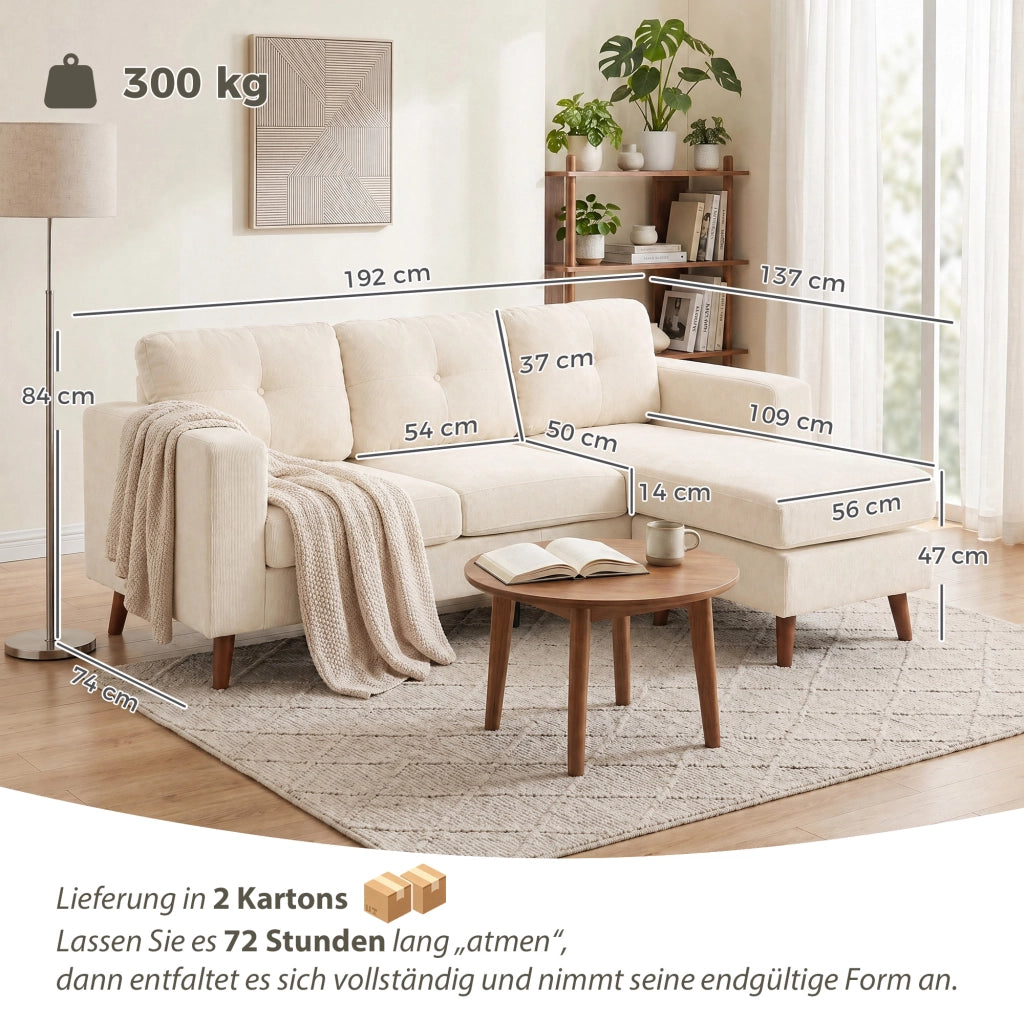 Divano Angolare 3 Posti con Chaise Longue Reversibile ¨C Zephmum ¨C Tessuto Crema 192 cm