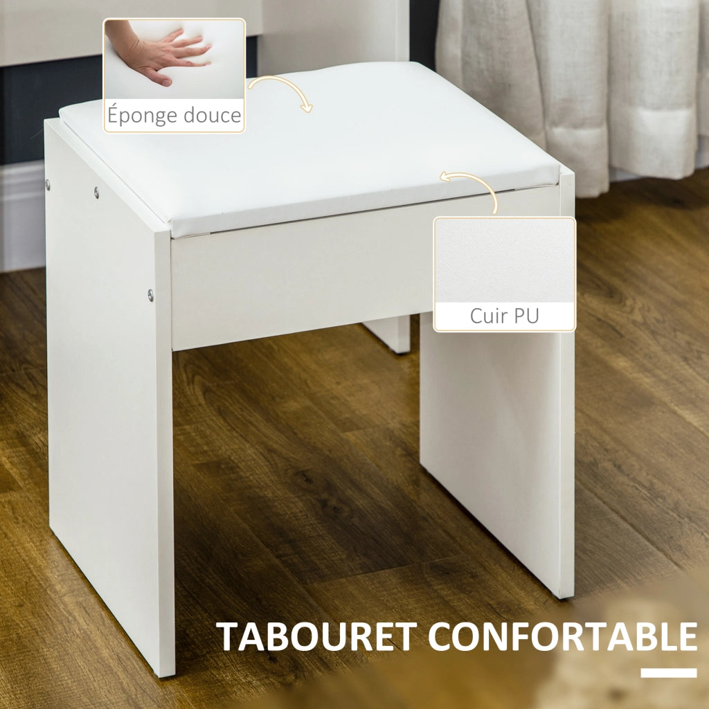 Scrivania da trucco con sgabello imbottito, specchio grande, ripiani aperti e 4 cassetti ¨C zephmum ¨C bianco
