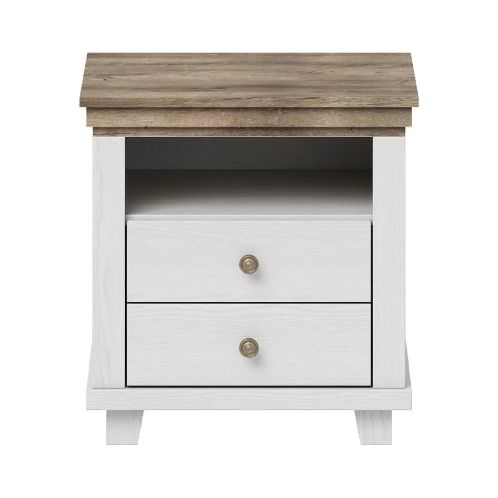 Tavolino da notte ASSIA – 2 cassetti + 1 vano – Bianco e rovere – Stile scandinavo