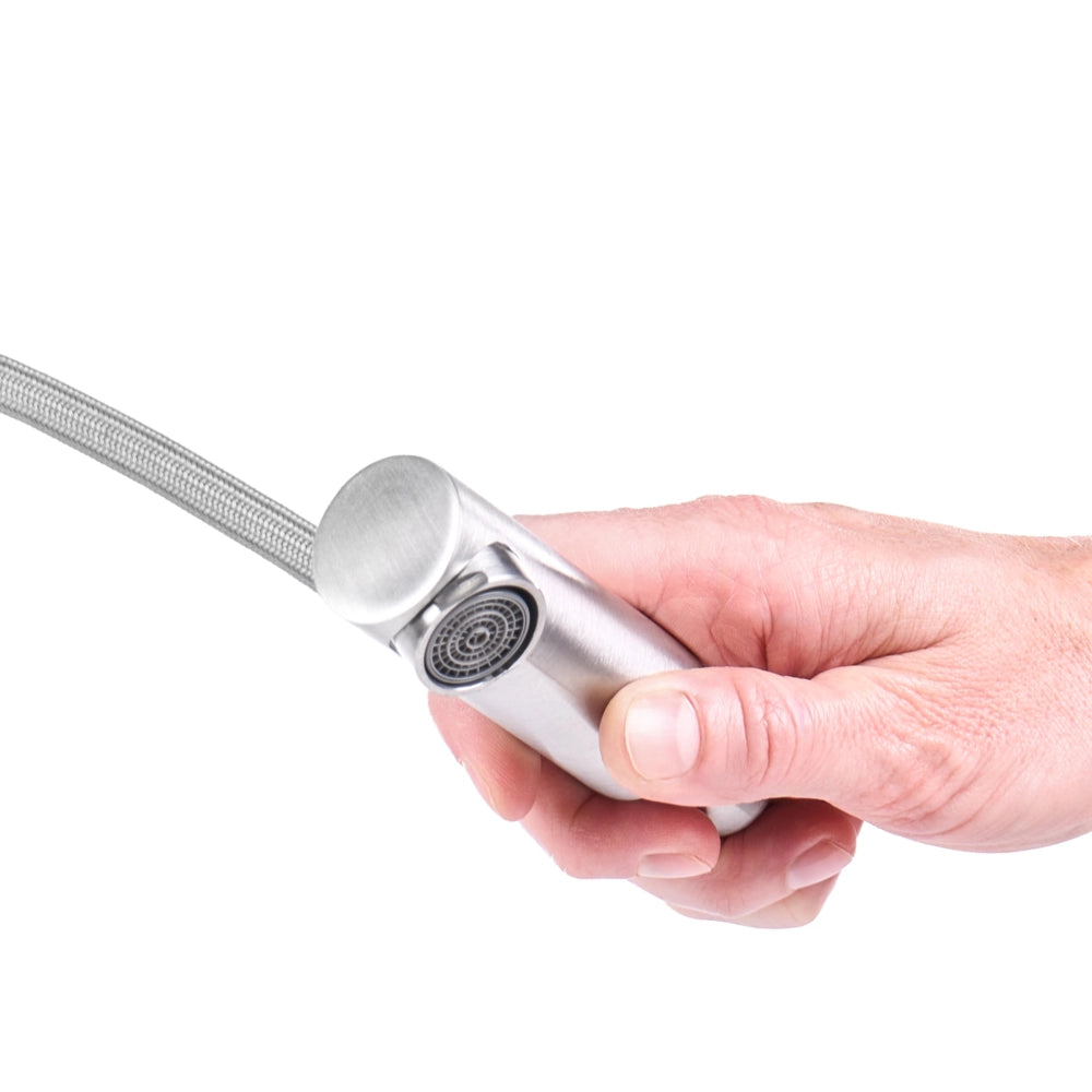 Rubinetto da cucina girevole ed estraibile in acciaio inossidabile argento con aeratore, tubo flessibile a molla, finitura nichel, design moderno