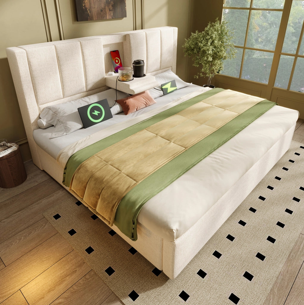 Letto matrimoniale imbottito 160x200 cm con contenitore; porta bicchieri e stazione di ricarica; beige; con materasso