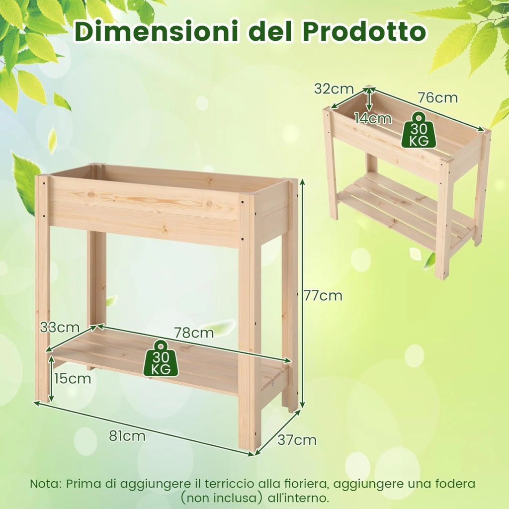 Letto da Giardino Rialzato in Legno, Fioriera Elevata con Ripiano, Drenaggio, Contenitore per Fiori, Erbe e Frutta, Scatola da Giardinaggio per Interno ed Esterno, 81x37x77CM