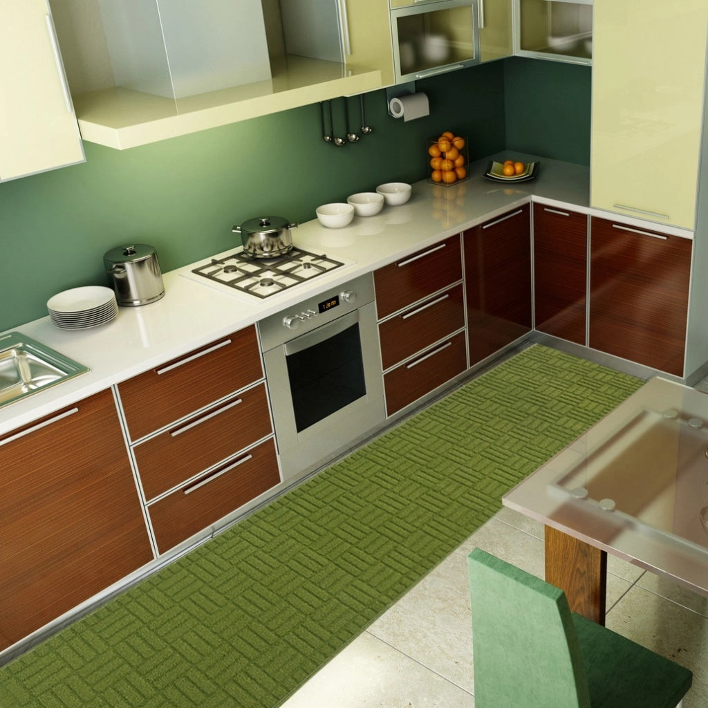 Tappeto Cucina Super Assorbente Tessitura 3D Tinta Unita Minimalista Moderno Verde - 50x240 Cm