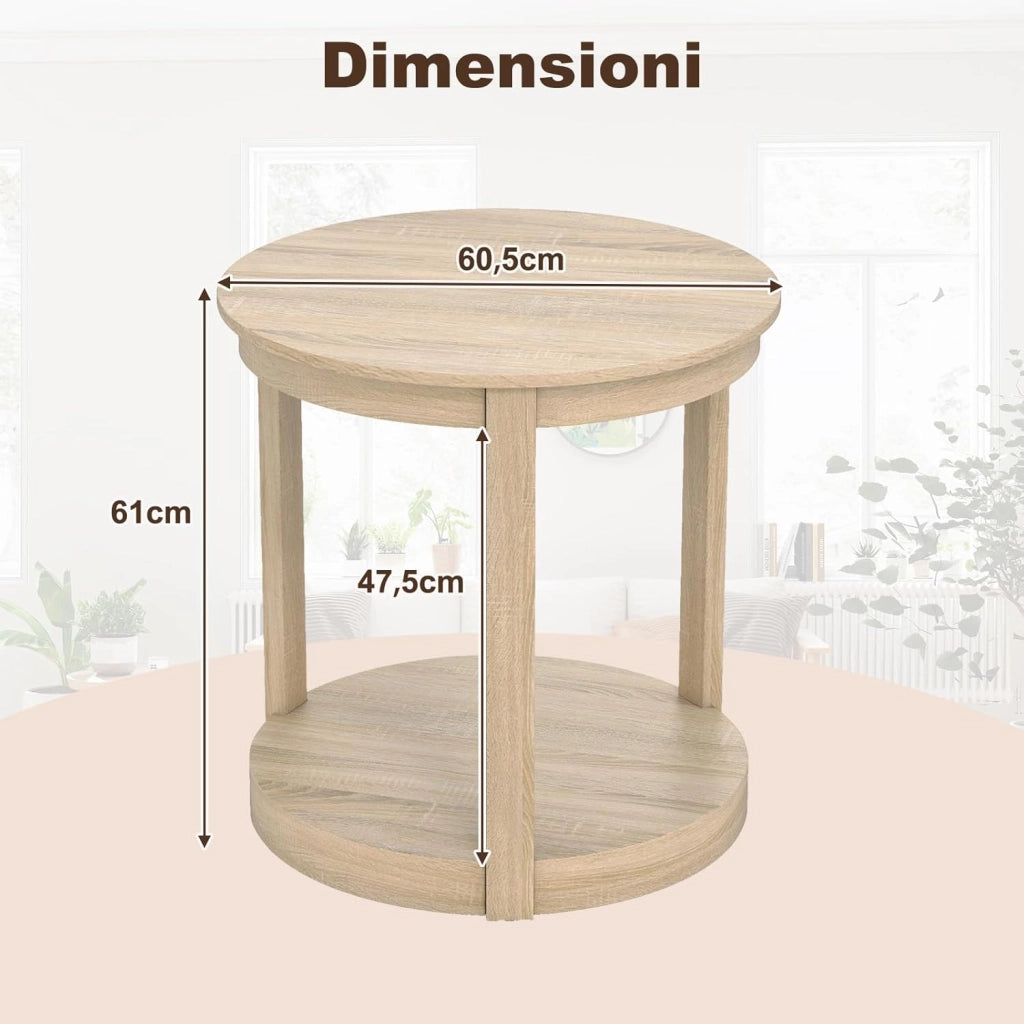 Tavolino Rotondo da Salotto, Tavolo da Caffè a 2 Livelli con Ripiano e Gambe in Legno di Gomma, Portata 160 kg, Tavolino in Legno per Soggiorno, Studio e Ufficio, 60,5 x 60,5 x 61 cm (Quercia)