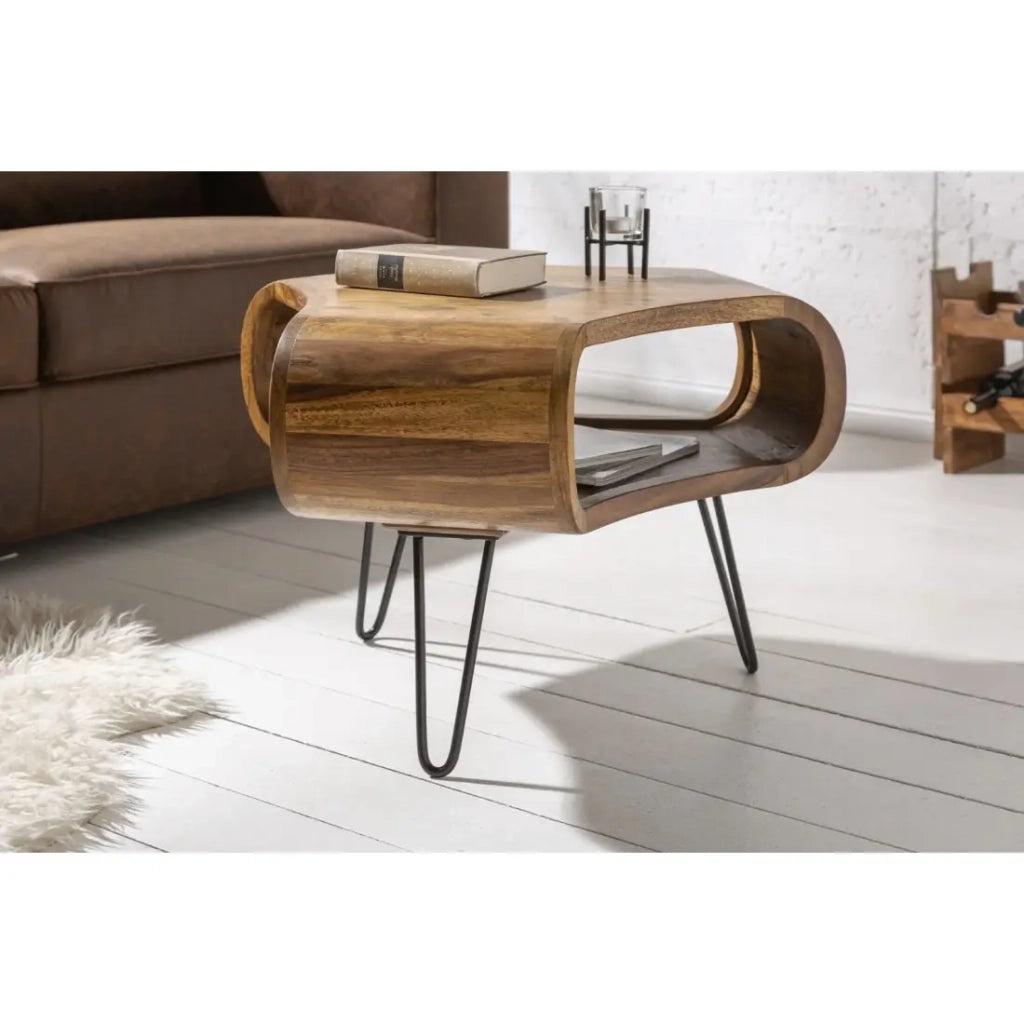Tavolino basso NERA 70 cm in legno massiccio di Sheesham con nicchia e piedi in metallo nero – stile retro industriale