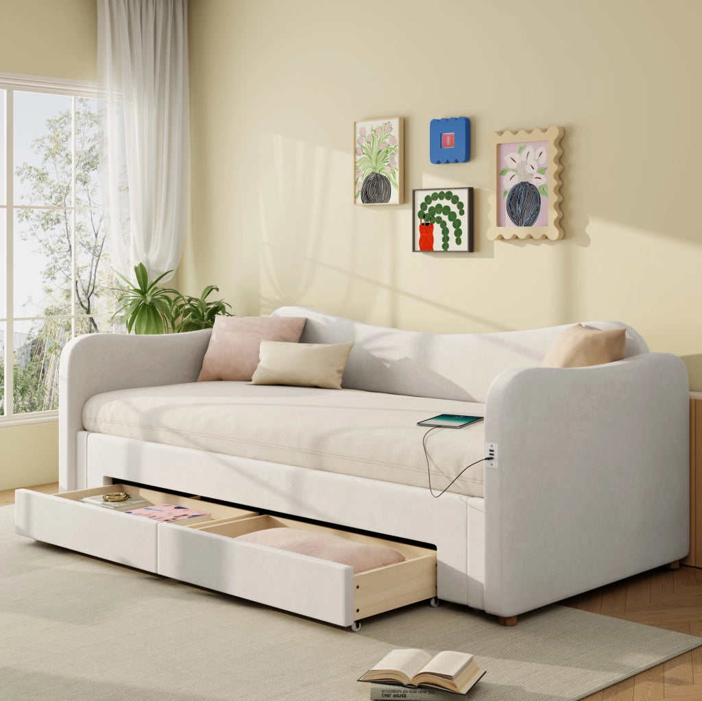 Letto imbottito estraibile 90x200/180x200 cm con 2 cassetti; USB e Type-C; velluto beige