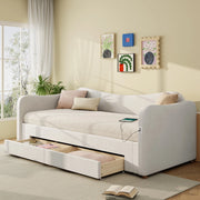 Letto imbottito estraibile 90x200/180x200 cm con 2 cassetti; USB e Type-C; velluto beige