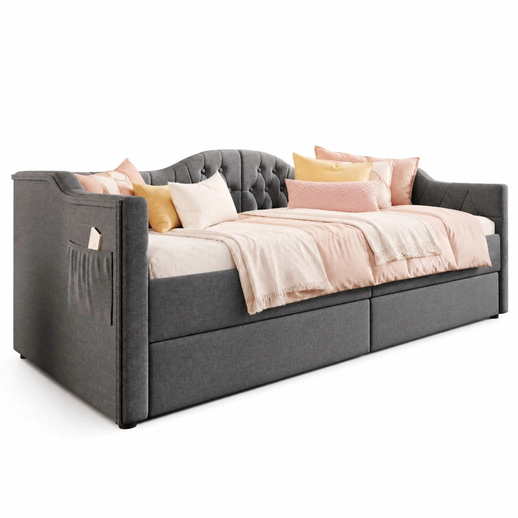 Letto singolo 90x190 cm con 2 cassetti, USB e USB-C in lino grigio