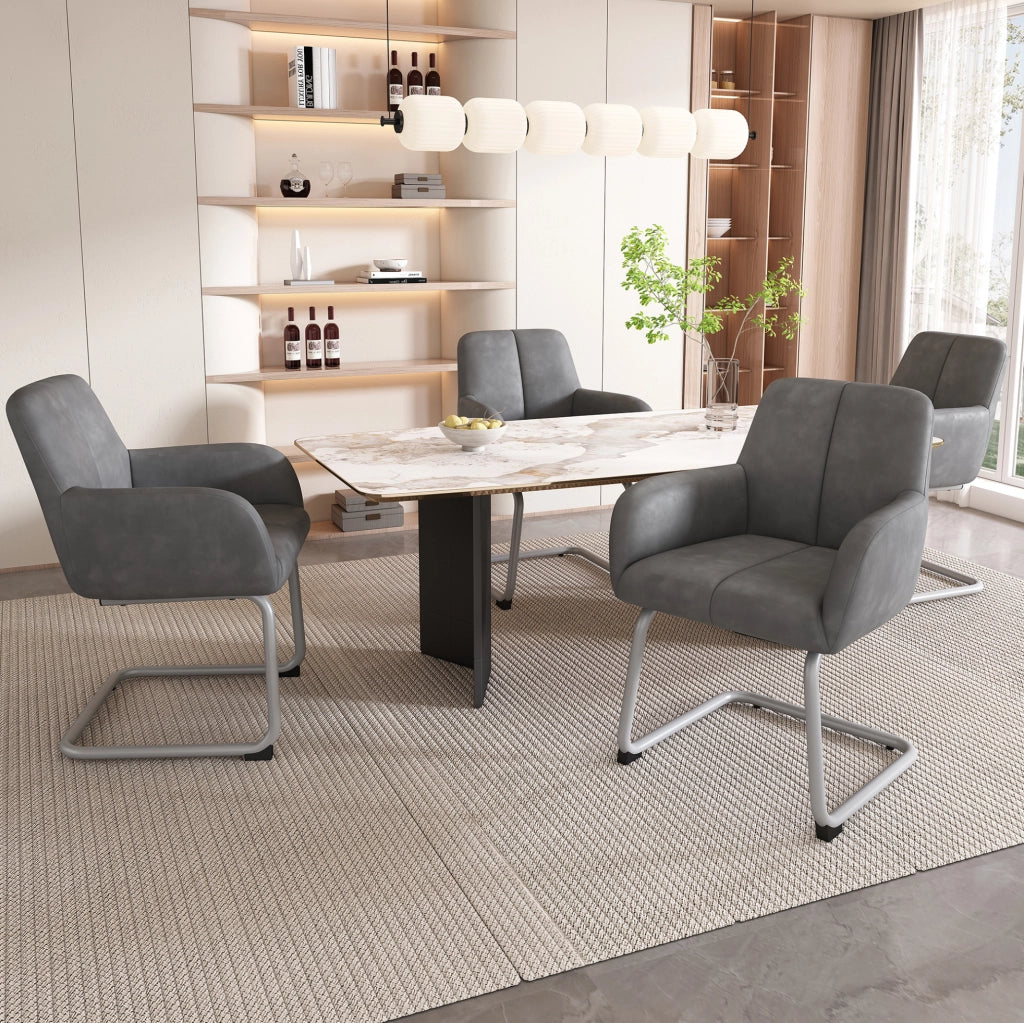 Set di 6 sedie da pranzo con braccioli; rivestimento in microfibra grigia e gambe in acciaio