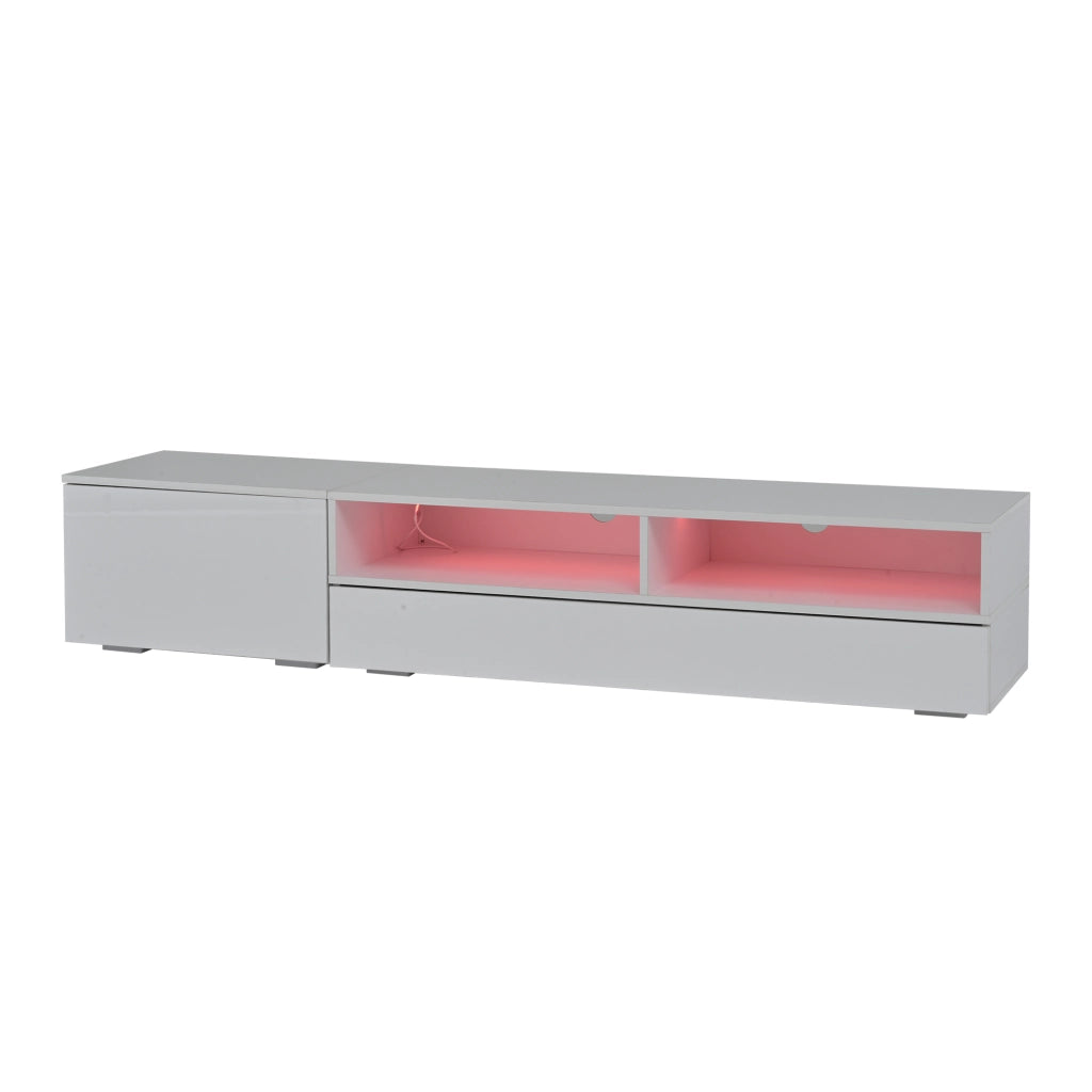 Mobile porta TV set con LED e finitura lucida con 3 ante e 2 vani aperti per soggiorno bianco 175 × 39 × 34 cm