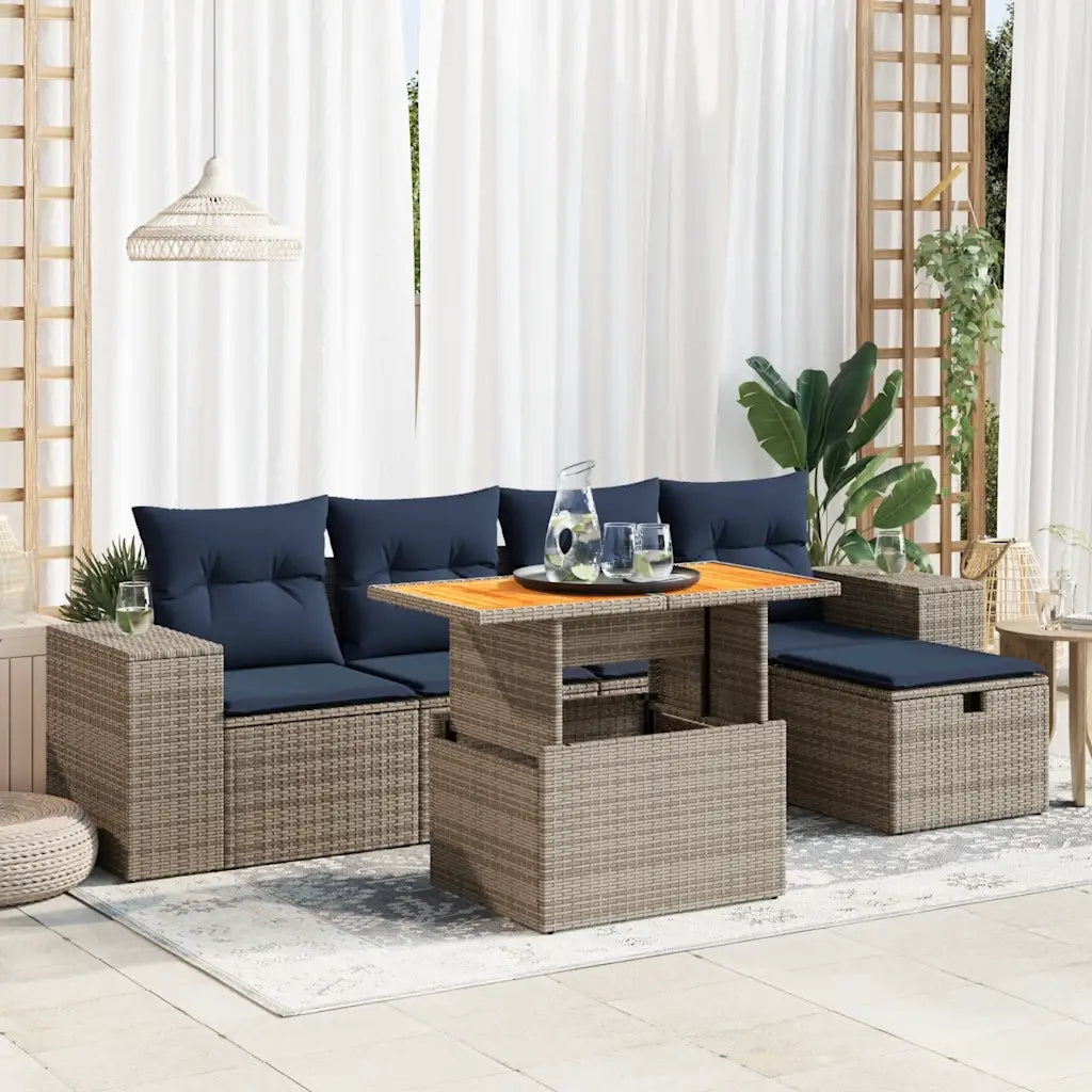 Set Divano da Giardino 6 pz con Cuscini Nero Polyrattan Acacia 3328083
