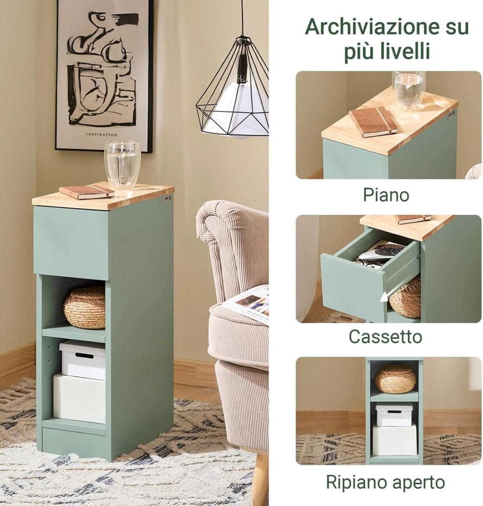 Comodino camera da letto Stretto, comodino con cassetto e 2 ripiano, comodini per camera da letto e soggiorno, Tavolino da letto Verde L20 x P35 x A61 cm FBT111-GR