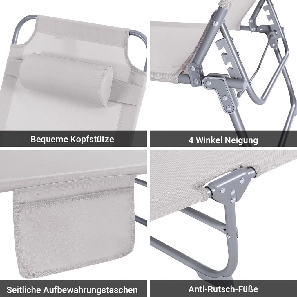 Sdraio da Giardino Reclinabile Lettino Prendisole con Cuscino e Tasca Laterale Sedia Sdraio da Esterno per Patio Campeggio Spiaggia Sdraio Pieghevole da Giardino Beige 155x56x81cm OGS35-MI