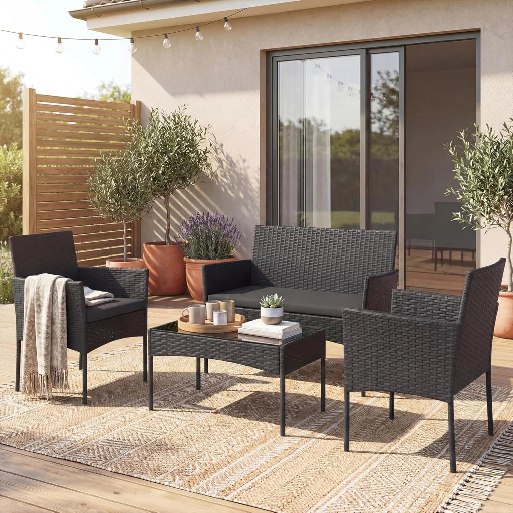 Salotto da Giardino Esterno 4 Pezzi, Set da Esterno in Rattan con Tavolino con Piano in Vetro, Divano 2 Posti e 2 Poltrone, Set da Conversazione con Cuscini per Patio, Balcone e Terrazzo (Grigio)