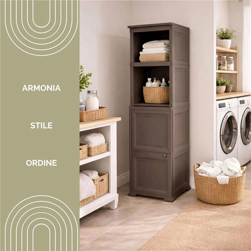 MOBILE 2 MODULI WENGÉ 40X43X164 CM CON ANTE FINITURA LEGNO E 2 MODULI SCAFFALE – CONTENITORE VERTICALE SALVASPAZIO PER ORGANIZZAZIONE CASA