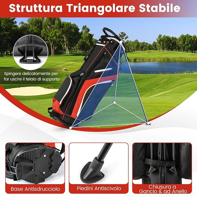 Sacca per Mazze da Golf, Borsa da Golf con Supporto, Divisori a 14 Vie, 6 Tasche, Borsa Frigo, Doppia Tracolla e Cappuccio Antipioggia, Ideale per Uomini e Donne